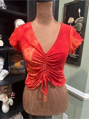 Evolution Fire Red & Orange Ruched Rave Top – Size Small